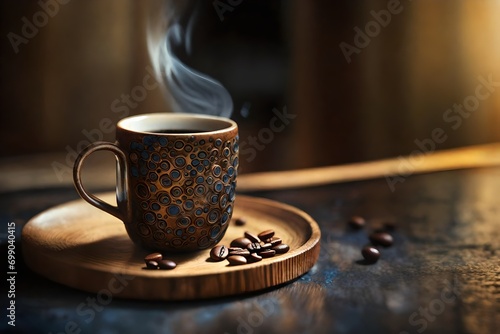 steamy coffee in a handcrafted ceramic cup   warm moody atmosphere