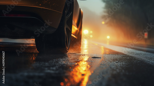 Closeup of a car with leaves stuck on wheels on a wet road in the autumn
