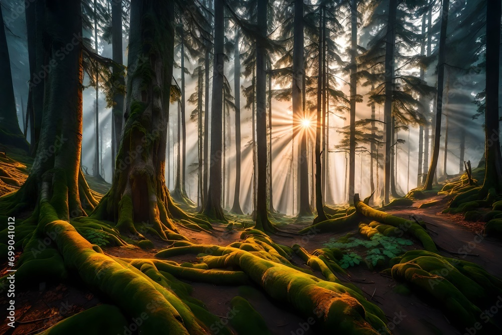 A mountain landscape at sunrise, dense forest bathed in the soft glow of dawn, mist weaving through ancient trees, a tranquil scene evoking the awakening of nature