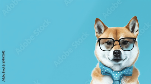 Shiba ink dog in glasses isolate on trendy blue background