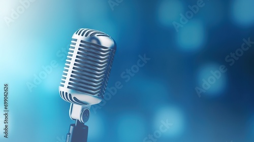 single silver retro microphone blue background. Microphone with stage lights background