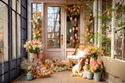 Porch of a house with a beautiful door decorated for Easter with flowers, eggs and bunnies, Easter card photo