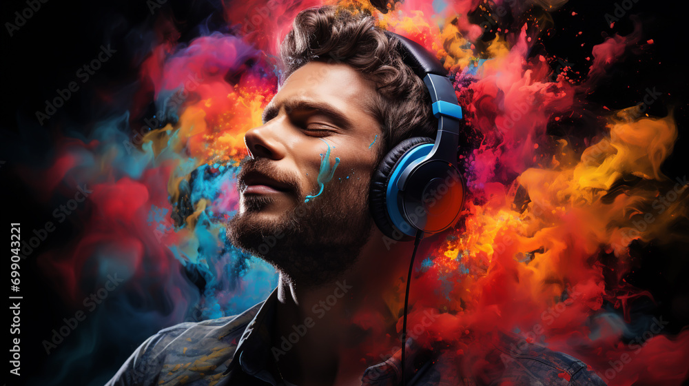 Positive man listening music with headphones on background with spectrum waves and powder explosion. Stylish guy enjoying music inspired concept.