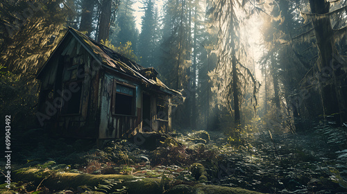 derelict abandonded shack at the edge or a vast and acient forest photo