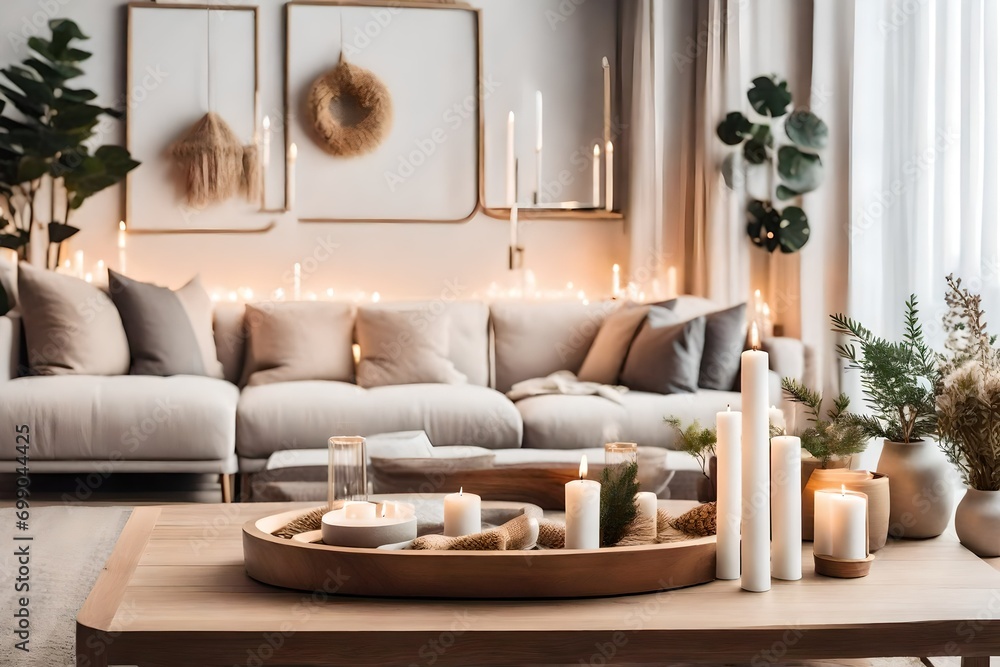 Modern house interior details. Simple cozy beige bedroom interior with bed headboard, linen bedding, bedside table and natural decorations, closeup