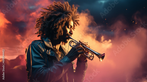 Colorful trumpet with music, powder explosion. Abstract background.