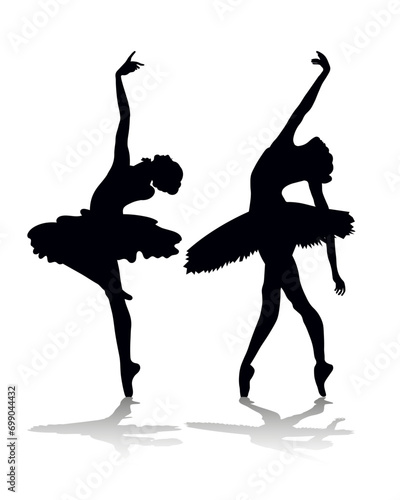Black silhouettes of two ballerinas. Women ballerinas are dancing. Illustration, vector