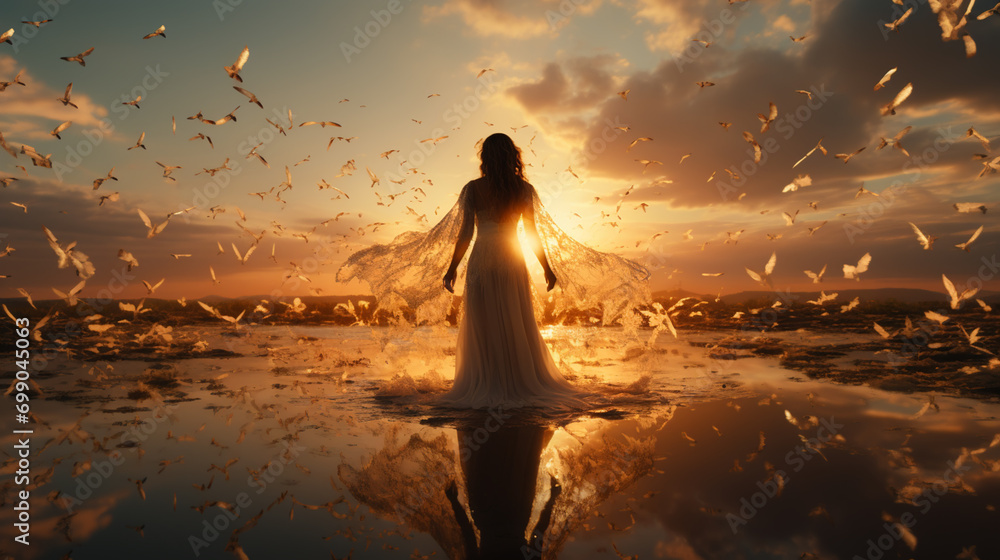 3D rendering of a woman or angel going to heaven. Beautiful sunset with clouds.