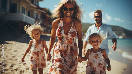 Cheerful young family running on the beach with copy space. Playful casual family enjoying. photo