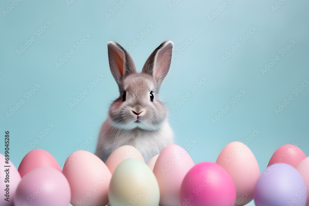Cute gray bunny with pastel colored easter eggs on blue background with copy space