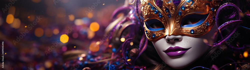 Venetian Carnival mask banner. Generative AI. Venetian Carnival mask banner. Generative AI.