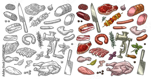 Set meat products and kitchen equipment. Brisket, sausage, meat grinder, steak, chicken leg, knife, ribs, basil, thyme. Vintage color vector engraving illustration. Isolated on white background.