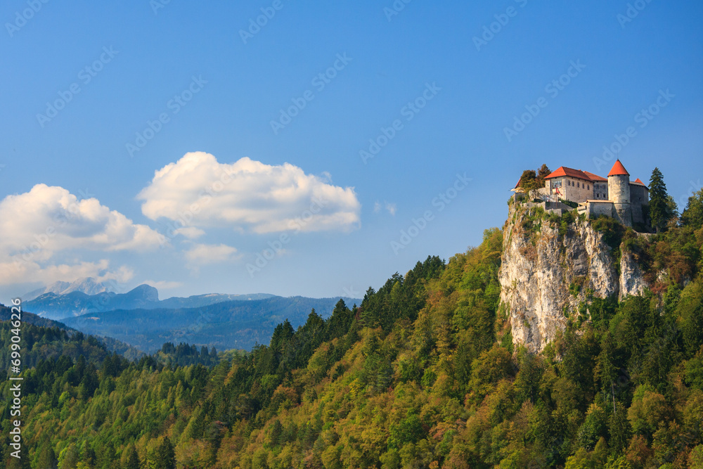 Scenic Lake Bled, nestled amidst the Julian Alps.