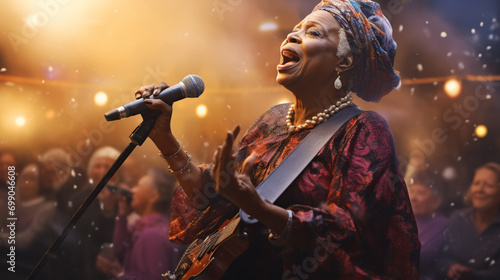 Beautiful African woman singing with the microphone