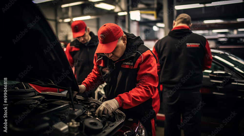 Fototapeta premium Auto mechanic working on car engine in mechanics garage. Repair service. authentic close-up shot