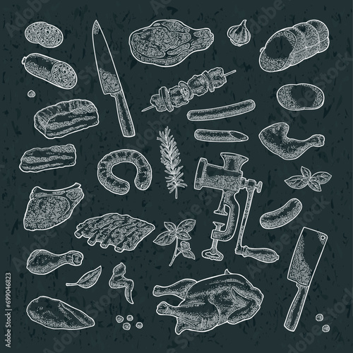 Set meat products and kitchen equipment. Brisket, sausage, meat grinder, steak, chicken leg, knife, ribs, basil, thyme. Vintage white vector engraving illustration. Isolated on black background.