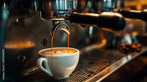 Eine Tasse Kaffee unter einer Kaffeemaschine, genuß, köstlich, generative AI photo