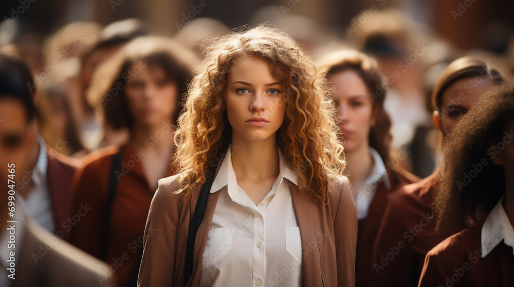 Urban girl standing out from the crowd at a city street. Urban girl standing out from the crowd at a city street.