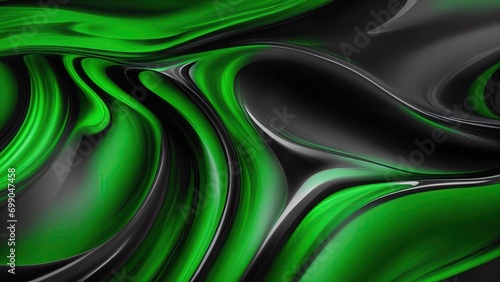 Green and black colors 3d rendering of abstract wavy liquid background