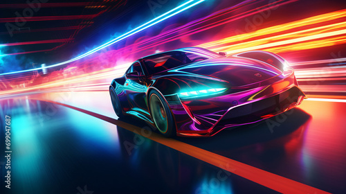 Speeding Sports Car On Neon Highway colorful lights