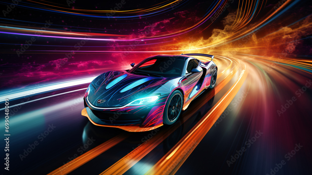Speeding Sports Car On Neon Highway colorful lights