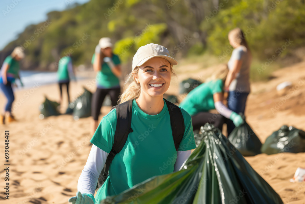 Team Of Volunteers Cleans Up Park Or Beach, Demonstrating Community Spirit Team Of Volunteers Cleans Up Park Or Beach, Demonstrating Community Spirit