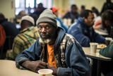 Black Homeless Man Participates In Community Gathering At Shelter Dining Hall