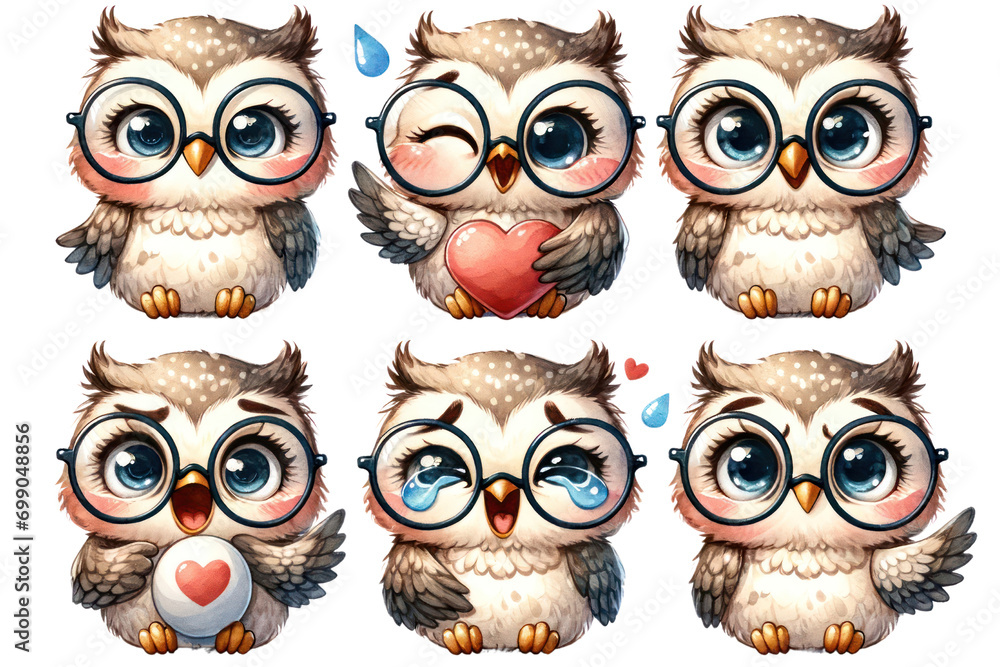 set of watercolor cute owl ,Gestures and emotions, illustration Decor cut out transparent isolated on white background ,PNG file ,artwork graphic design.