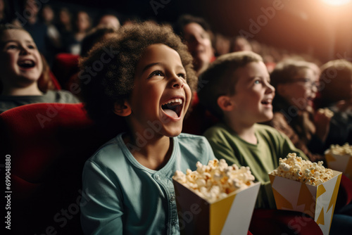 Excited Kids Waiting For Movie With Popcorn In Hand