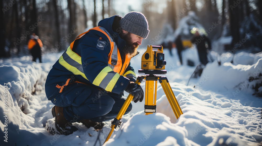 survey engineer in construction site use theodolite mark a concrete pile co ordinate - obrazy, fototapety, plakaty 