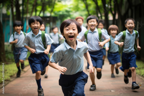 Kids Happily Run In School, Full Of Energy And Excitement