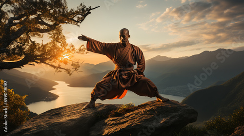 Bald man in traditional clothes on rock pose and meditating during kung fu training in mountain
