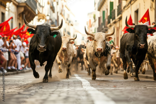 Running Of Bulls In Pamplona, Traditional Festival photo