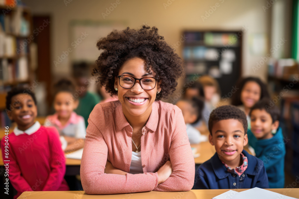 Teacher In Class With Students, Smiling At Camera Teacher In Class With Students, Smiling At Camera