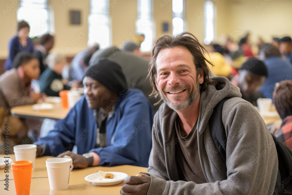 Diverse Group Of Homeless Individuals Gather In Shelter Dining Hall - obrazy, fototapety, plakaty 