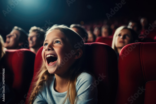 Enthralled Young Girl Transfixed By Gripping Film In Darkened Theater photo
