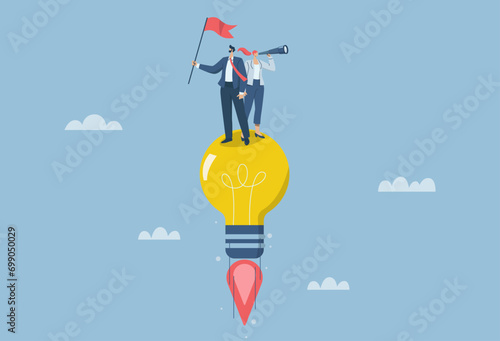 Ideas towards goals, innovation or creative new thinking encourages business to reach goals, male businessman holds winner flag riding light bulb idea flying into the sky. Vector design illustration.