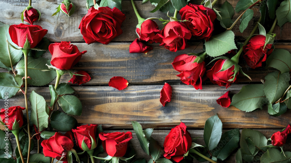 Beautiful roses with on old wooden boards, background for Valentine's Day, wedding day.