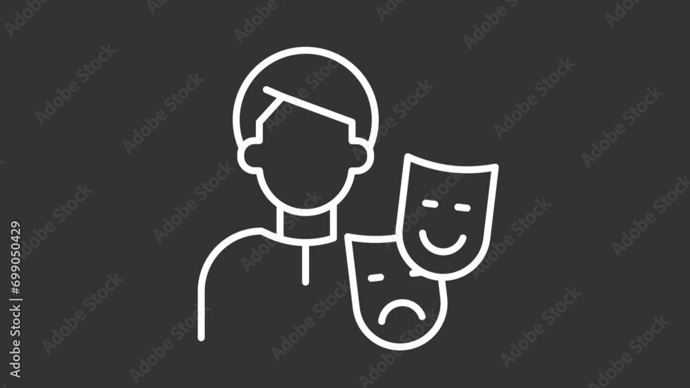 2D white simple thin line animation of male persona icon, HD video with transparent background, seamless loop 4K video representing archetypes.