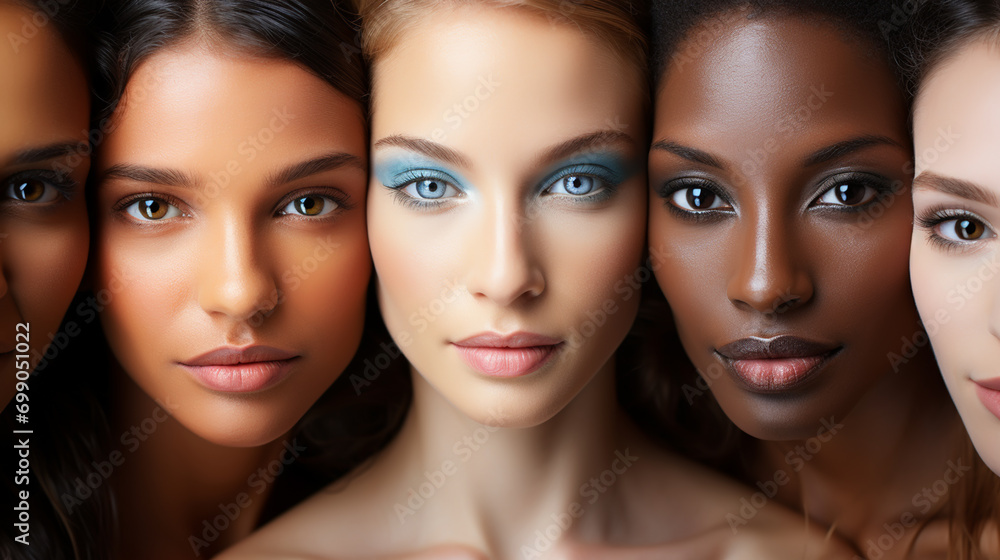 Diversity, beauty and portrait of a group of women in studio for skincare, makeup or cosmetic routine. Feminism, female empowerment and face of multicultural girl friends Diversity, beauty and portrait of a group of women in studio for skincare, makeup or cosmetic routine. Feminism, female empowerment and face of multicultural girl friends
