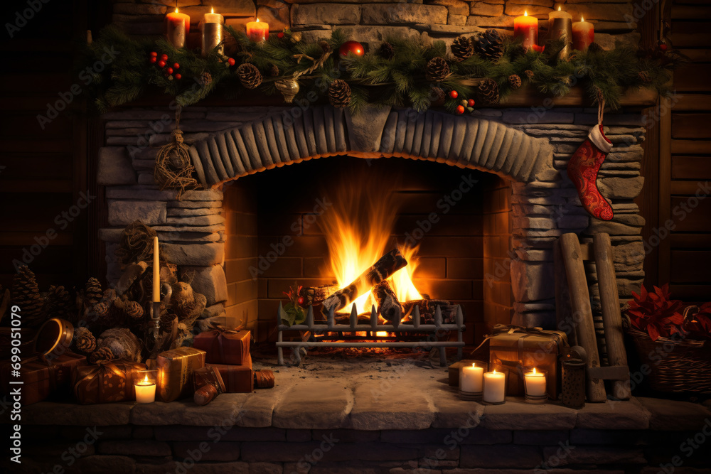 A cozy open fireplace during the winter season