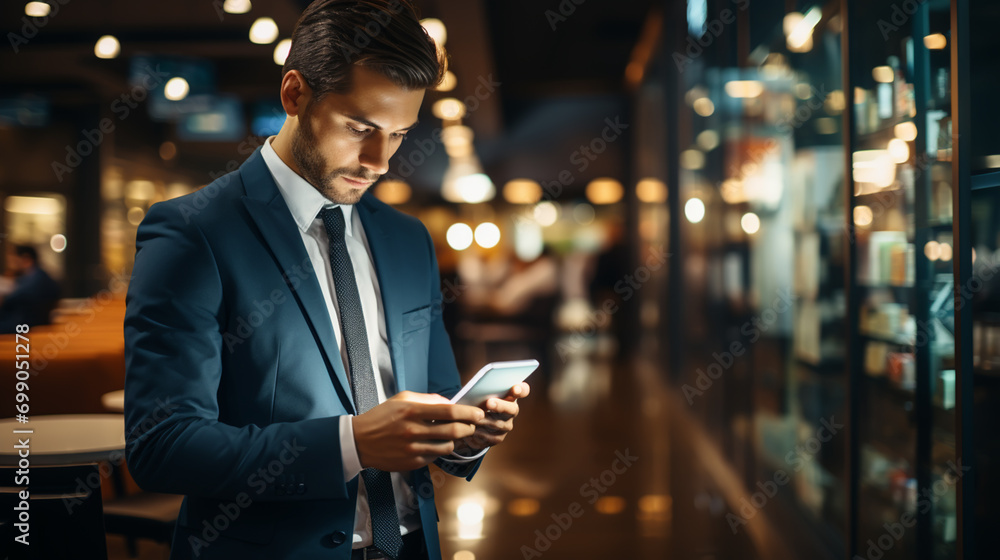 Smiling happy confident mid aged male company ceo executive wearing suit holding cellphone standing in office using business mobile apps technology financial online solutions on cell phone. - obrazy, fototapety, plakaty 