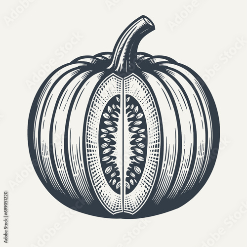 Sliced pumpkin. Vintage engraving style vector illustration.	
 photo