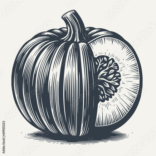 Sliced pumpkin. Vintage engraving style vector illustration.	
 photo