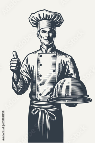 Chef Holding a covered tray showing thumb up. Vintage woodcut style vector illustration.