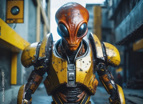 rust and yellow  Alien Cyborg Roams City Sidewalks photo