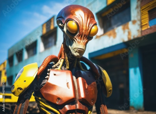 rust and yellow Robotic Extraterrestrial Takes a Walk Amidst Human Bustle