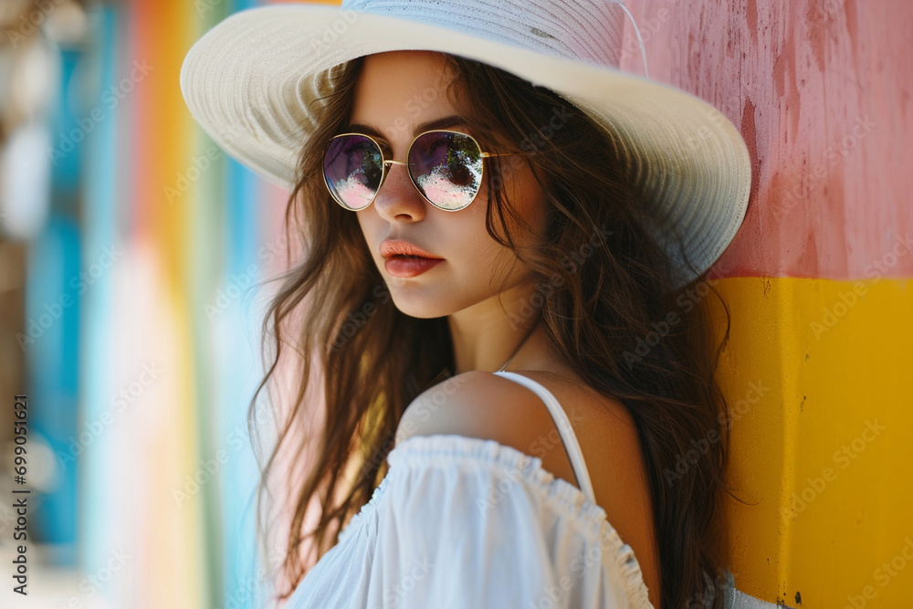 A young, beautiful woman in a beautiful outfit with glasses on the sandy seashore, sun, heat A young, beautiful woman in a beautiful outfit with glasses on the sandy seashore, sun, heat