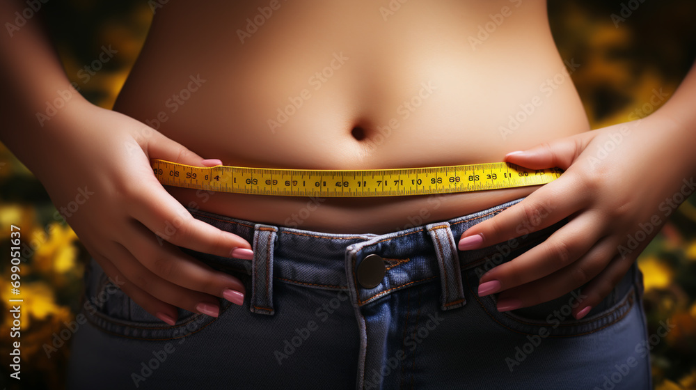 fat woman, fat belly, chubby, obese woman hand holding excessive belly fat with measure tape, woman diet lifestyle concept - obrazy, fototapety, plakaty 