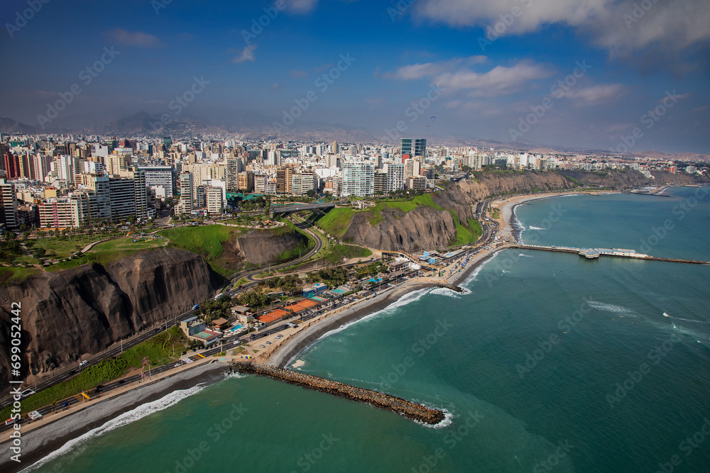 The Malecón de Miraflores is a scenic boardwalk and park area located along the cliffs overlooking the Pacific Ocean in the Miraflores district of Lima, Peru. 